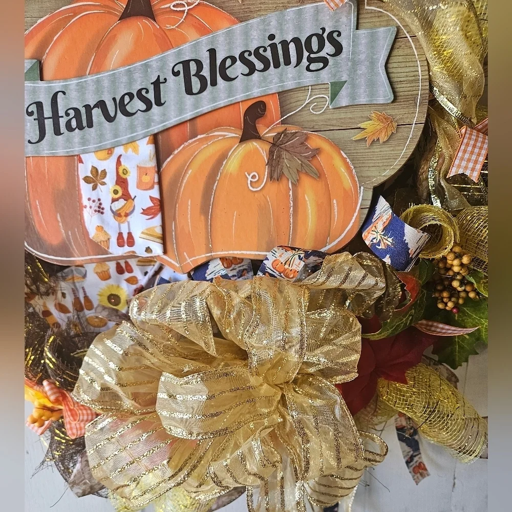 Hand Crafted handmade holiday wreath Harvest Blessings Gnome fabric plaid ribbon